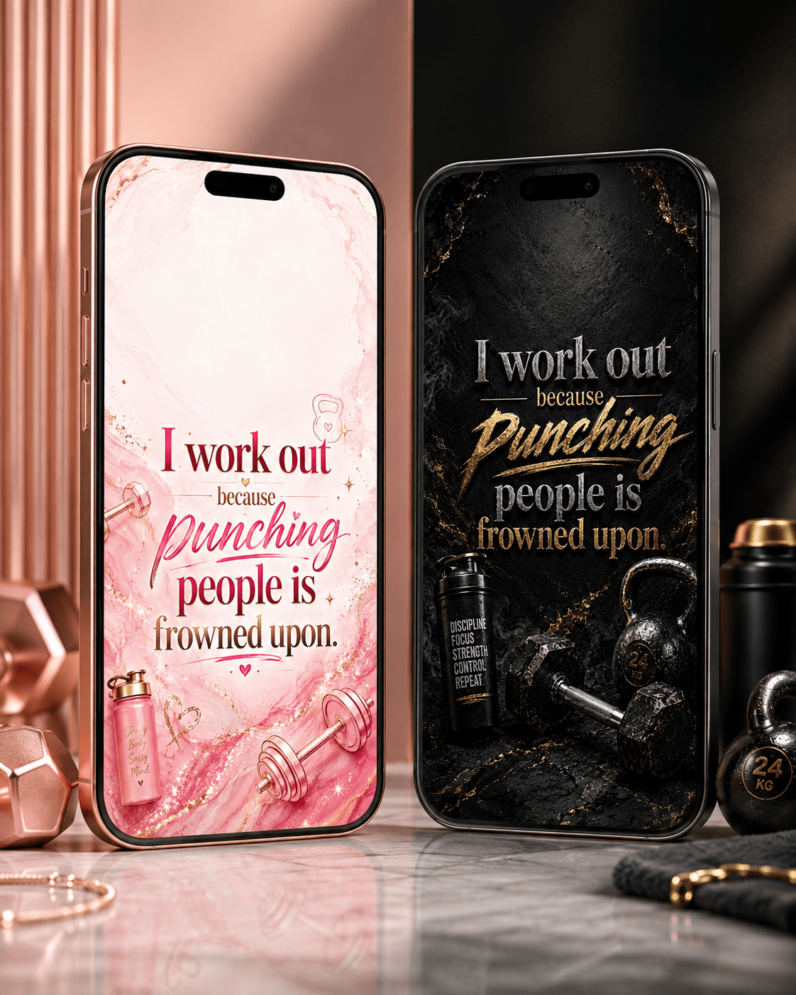 AMF “I Work Out Because Punching People Is Frowned Upon” Fitness Phone Wallpaper Duo | Pink + Black Gold - AMF
